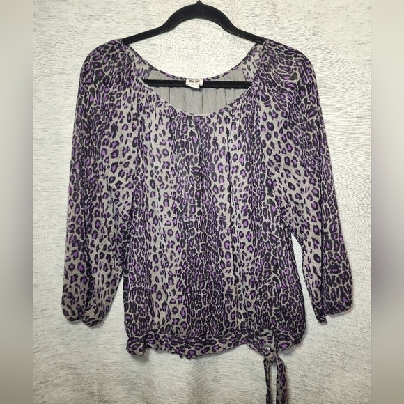 Anne Klein Large Purple Leopard Print Top 3/4 Sleeves Tie Waist - Picture 1 of 8